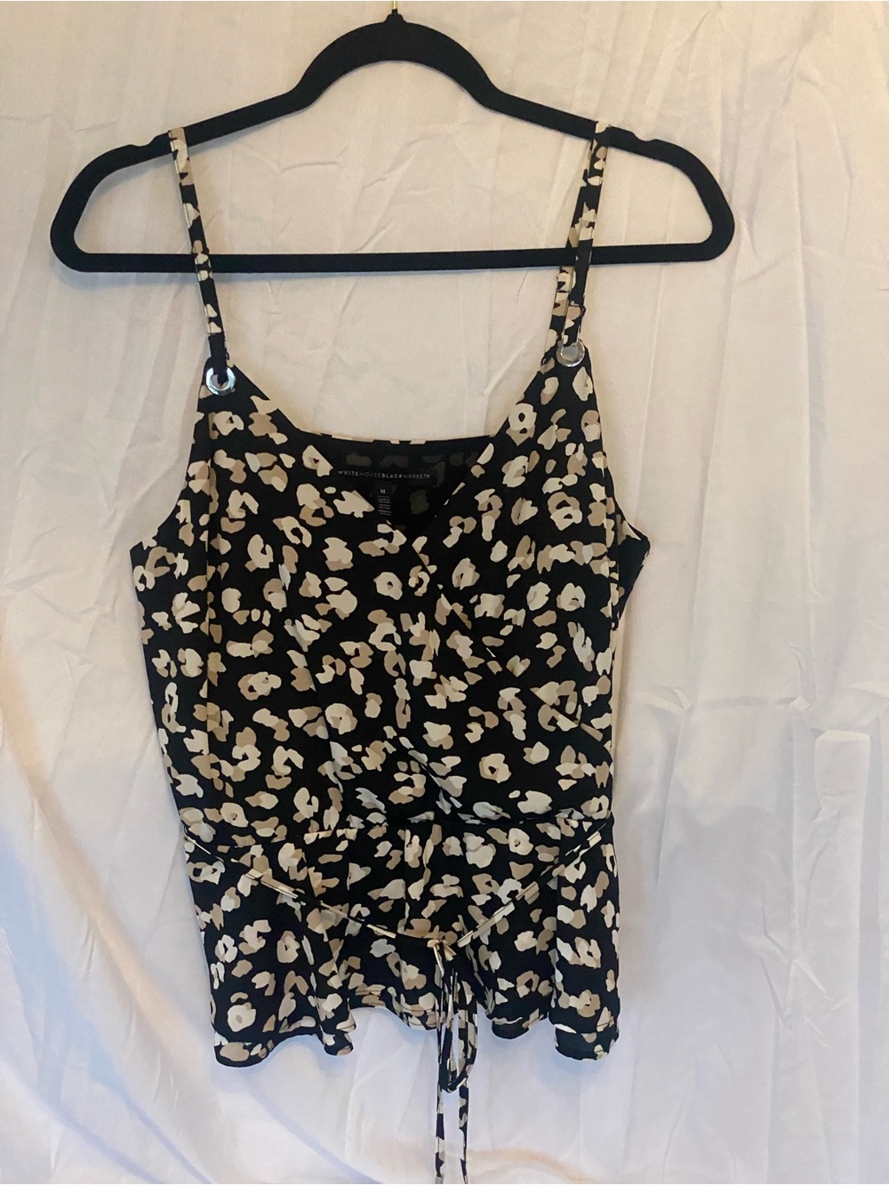 White House Black Market Black Cami with Cream Floral Print and Tie Waist